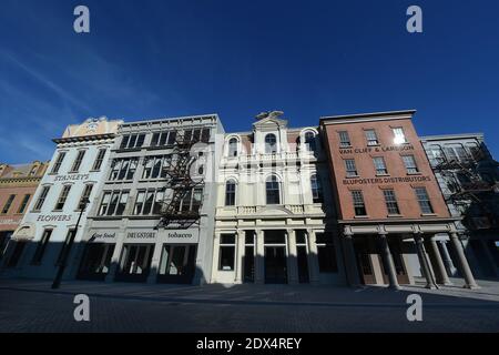 A view of the strret of New York at 'Cinecitta World', the new italian movie theme park unveiled in Rome, Italy on July 10, 2014. A richly detailed Italian theme park conjures up the cinematic worlds of 'Ben Hur,' 'Dante's Inferno' and 'Gangs of New York.' The look is a mix of sword and sandals epics, Fellinesque and Bollywood elements, including gigantic elephants, science fiction, spaghetti westerns and many other themes concocted by Dante Ferretti from the more than 3,000 movies and TV shows produced at Cinecitta, once known as Hollywood on the Tiber. Located about 15 km south of Rome on an Stock Photo