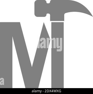 Letter M and hammer combination icon logo design vector Stock Vector