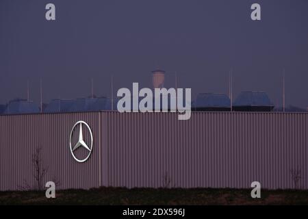 Mercedes-Benz factory 56 in Sindelfingen, Germany at dusk with water tower in background Stock Photo