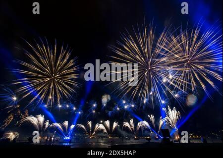 Lake Festival with fireworks show entitled 'Toiles de feux' supported by Italian Parente Fireworks in Lake Festival in Annecy, France, on August 02, 2014. Photo by Gilles Bertrand/ABACAPRESS.COM Stock Photo