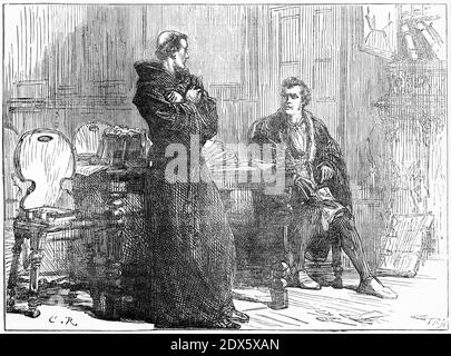 Engraving of a young John Calvin engaged in friendly argument with his cousin