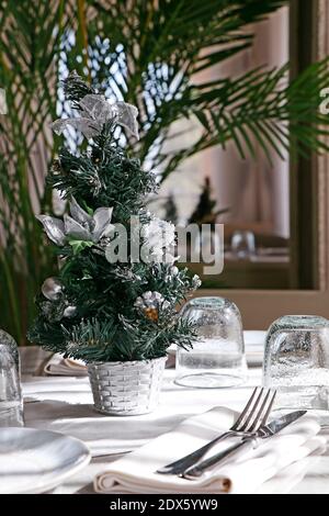 Beautifully decorated Christmas tree on a dining table, combination of silver and green color Stock Photo