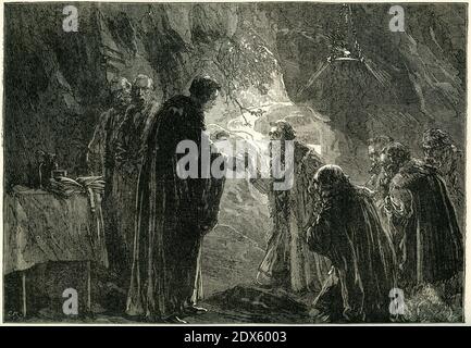 Engraving of a young John Calvin celebraing the Lord's Supper with fellow protestants in the grotto at Poitiers in France