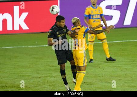 Exploria Stadium, Orlando, Florida, USA, December 22, 2020, LAFC and Tigres players fight for the header during the CONCACAF Champions League Final.  (Photo Credit:  Marty Jean-Louis) Stock Photo