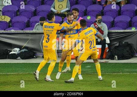 Exploria Stadium, Orlando, Florida, USA, December 22, 2020, Tigres UANL players celebrate goal against LAFC during the CONCACAF Champions League Final.  (Photo Credit:  Marty Jean-Louis) Stock Photo