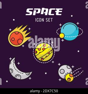 bundle of five space set line and fill style icons and lettering Stock Vector