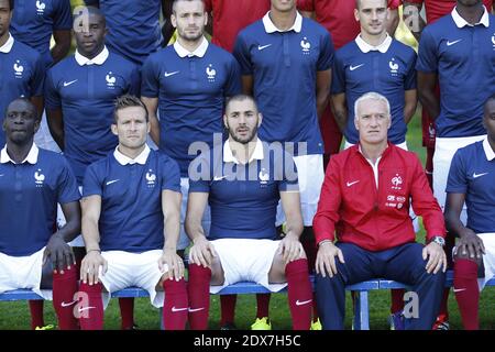 Rio Mavuba, Mathieu Debuchy, Raphael Varane, Antoine Griezmann, Mamadou Sakho, Yohan Cabaye, Karim Benzema and Didier Deschamps (Coach) pose in Clairefontaine-en-Yvelines, France, on September 2, 2014. Photo by ABACAPRESS.COM Stock Photo