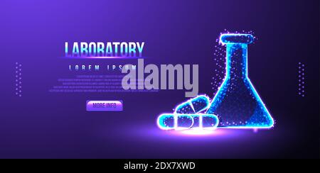 test tube, flask and medicine, pill capsule. low poly wireframe design Stock Vector