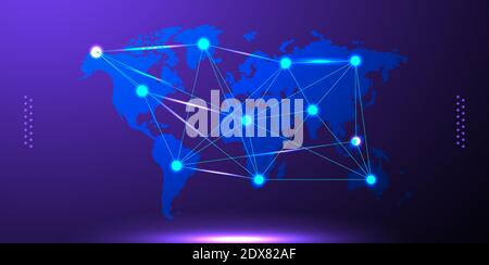 A low-poly map of the world. A grid of lines and points. Blue background Stock Vector