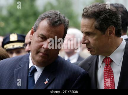 New Jersey Governor Chris Christie, left, talks with New York Governor Andrew Cuomo during memorial observances held at the site of the World Trade Center in New York City, NY, USA on September 11, 2014. Photo by Mark Lennihan/ABACAPRESS.COM Stock Photo