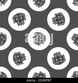 Hand drawn cute Schnauzer dog face breed in polka dot seamless vector pattern. Purebread pedigree puppy domestic on dotty background. Dog lover German Stock Vector