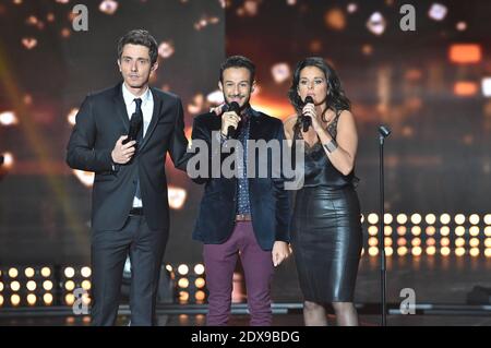 EXCLUSIF - Rising Star 2014. Faustine Bollaert, Guillaume Pley, Tarik lors du Prime 1 de l emission Rising Star diffusee sur M6, la cite du Cinema, Saint Denis, France le 25 septembre 2014.  CREDIT OBLIGATOIRE. Photo by Briquet - Gouhier/ABACAPRESS.COM/M6 Stock Photo