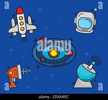 bundle of five space set line and fill style icons Stock Vector