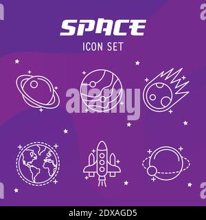 bundle of five space set line style icons and lettering Stock Vector