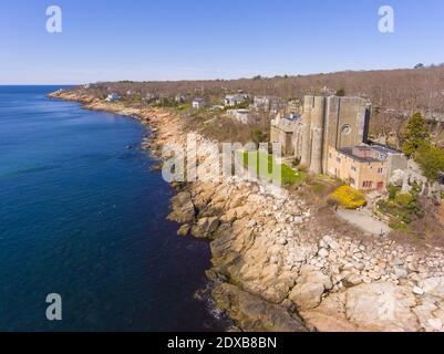 Aerial view of Hammond Castle in village of Magnolia in city of Gloucester, Massachusetts MA, USA. This building was built in 1926 on the coast of Glo Stock Photo