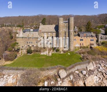 Aerial view of Hammond Castle in village of Magnolia in city of Gloucester, Massachusetts MA, USA. This building was built in 1926 on the coast of Glo Stock Photo