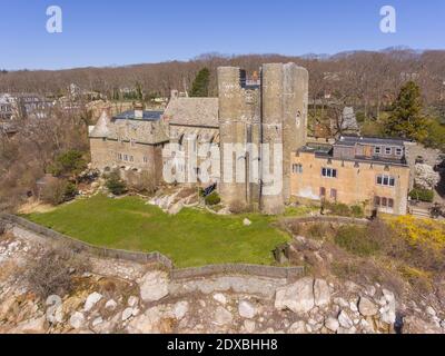 Aerial view of Hammond Castle in village of Magnolia in city of Gloucester, Massachusetts MA, USA. This building was built in 1926 on the coast of Glo Stock Photo