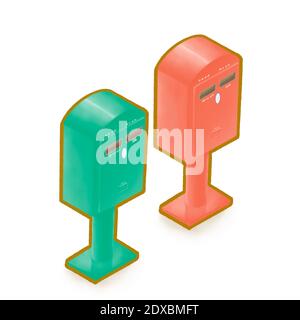 The digital painting of Taiwan red and green public post box, Taiwanese culture mailbox design isometric icon raster illustration on white background. Stock Photo