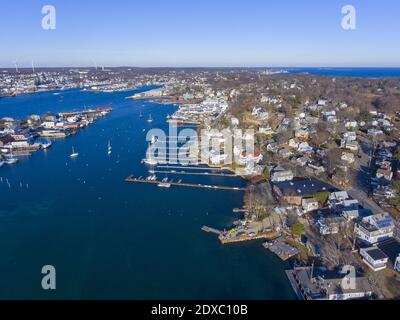 Aerial view of Rocky Neck and Gloucester Harbor in City of Gloucester, Cape Ann, Massachusetts, USA. Stock Photo