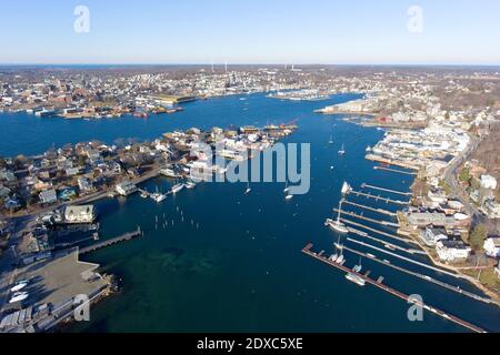 Aerial view of Rocky Neck and Gloucester Harbor in City of Gloucester, Cape Ann, Massachusetts, USA. Stock Photo