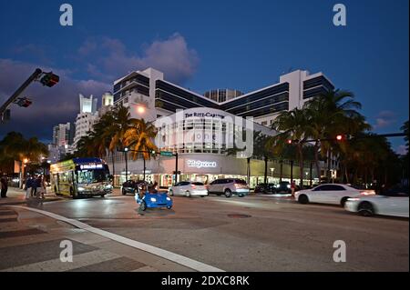 Miami Beach, Florida - December 19, 2020 - Ritz Carlton Hotel on Lincoln Road in Miami Beach, Florida at night. Stock Photo