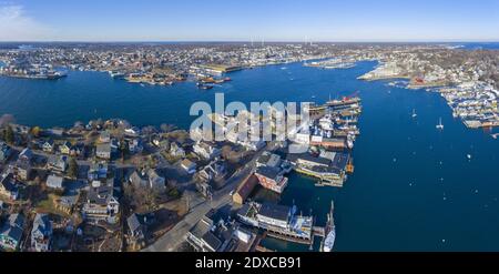 Aerial view of Rocky Neck and Gloucester Harbor in City of Gloucester, Cape Ann, Massachusetts, USA. Stock Photo