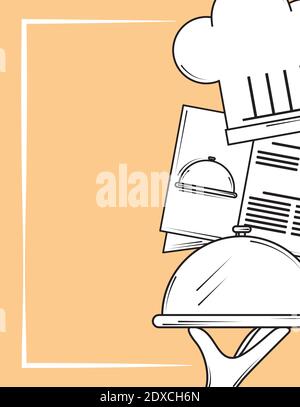 restaurant hand with platter chef hat and menu in line style vector illustration Stock Vector