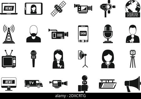 TV presenter news icons set, simple style Stock Vector