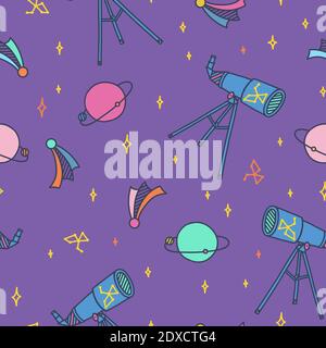 Space doodle with telescope, planets, moon, stars and comets. Outer space seamless pattern. Hand drawn vector illustration in doodle style Stock Vector