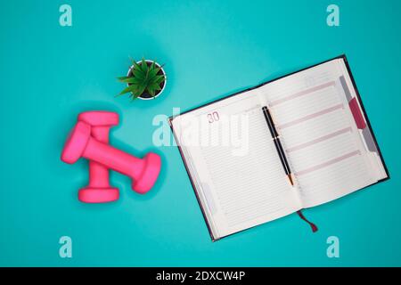 Workout plan in notebook. Flat lay of calendar plan with pink dumbbell Stock Photo