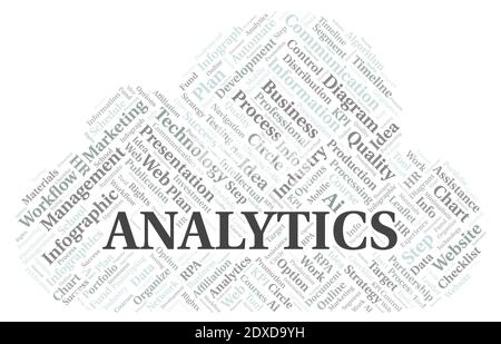 Analytics typography word cloud create with text only. Stock Photo