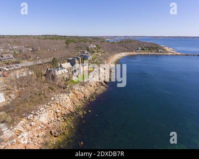 Aerial view of Hammond Castle in village of Magnolia in city of Gloucester, Massachusetts MA, USA. This building was built in 1926 on the coast of Glo Stock Photo