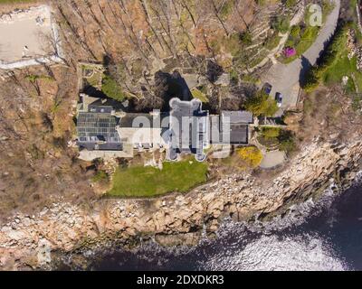 Aerial view of Hammond Castle in village of Magnolia in city of Gloucester, Massachusetts MA, USA. This building was built in 1926 on the coast of Glo Stock Photo