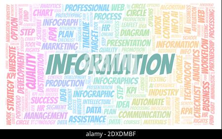 Information typography word cloud create with text only. Stock Photo