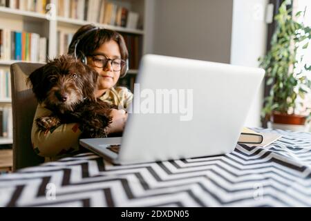 Boy holding pet dog while e-learning through laptop at home Stock Photo