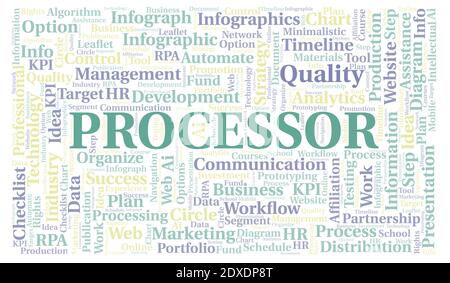 Processor typography word cloud create with text only. Stock Photo