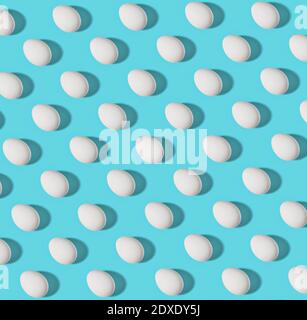 Pattern of white chicken eggs against blue background Stock Photo