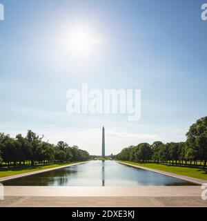 USA, Washington DC, Sun shining over Lincoln Memorial Reflecting Pool with Washington Monument in background Stock Photo
