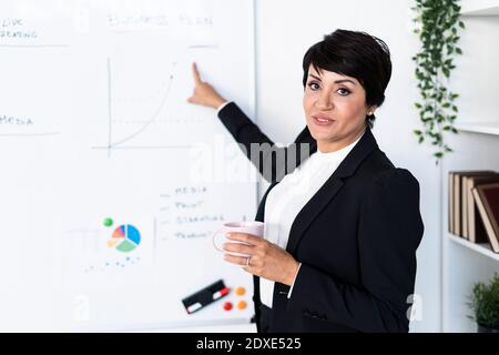 Portrait of businesswoman pointing at office whiteboard Stock Photo