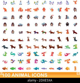 100 animal icons set. Cartoon illustration of 100 animal icons vector set isolated on white background Stock Vector