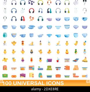 100 universal icons set. Cartoon illustration of 100 universal icons vector set isolated on white background Stock Vector