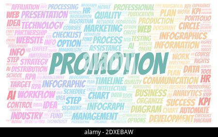 Promotion typography word cloud create with text only. Stock Photo