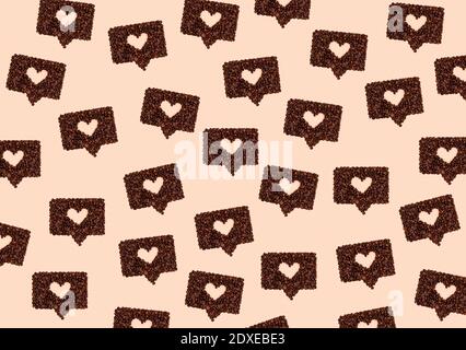 Pattern or roasted coffee beans arranged into shapes of hearts inside online chat bubbles Stock Photo
