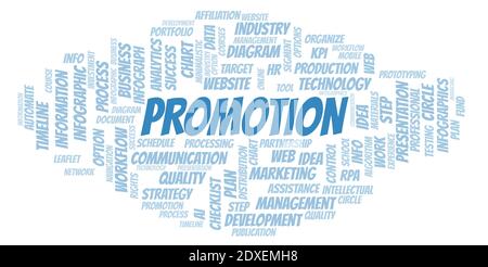 Promotion typography word cloud create with text only. Stock Photo