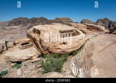 The High Place of Sacrifice (al-Madhbah in Arabic) at the ancient site of Petra in Jordan. Nabataean priests sacrificed animals on this Circular alter Stock Photo