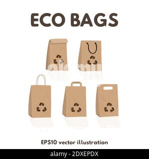 Paper craft recyclable bags set. Vector illustration eco packages. Stock Vector