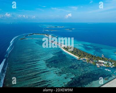 Maldives, Kaafu Atoll, Aerial view of archipelago in Arabian Sea Stock Photo