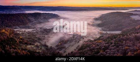Drone view of autumn forest shrouded in morning mist Stock Photo - Alamy