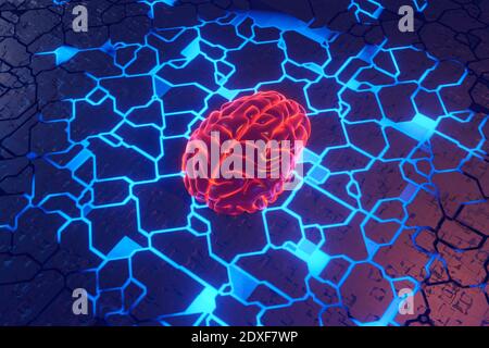 Three dimensional render of human brain lying on glowing circuit board Stock Photo