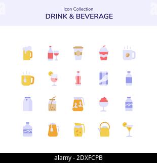 drink and beverage icon set collection package beer soda alkohol cocktail juice coffee tea milk glass jug cup bottle with color flat style vector desi Stock Photo